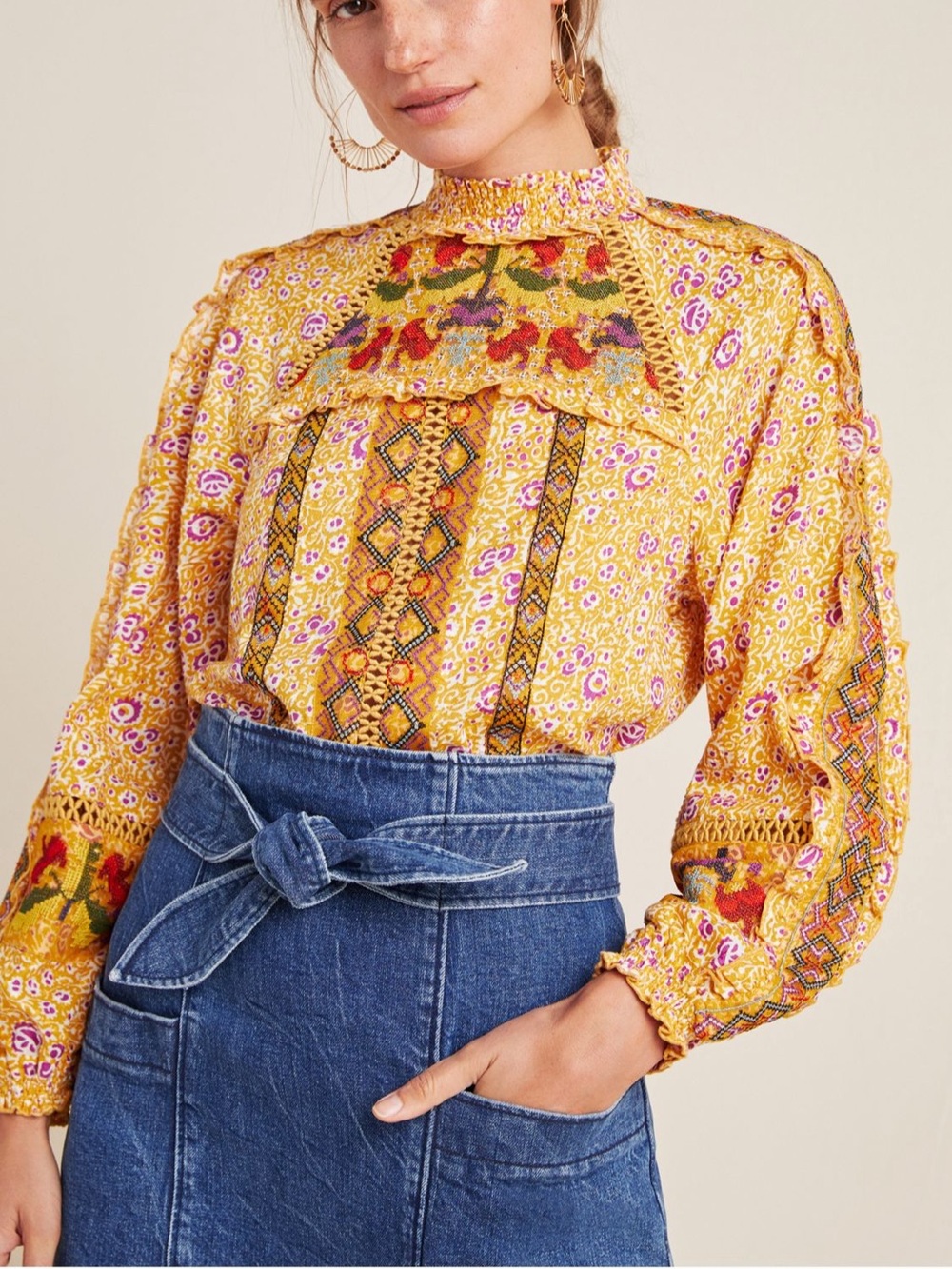 Anthropologie Maeve Goldie Embroidered Lace Peasant Boho Ruffle Blouse Size 4
